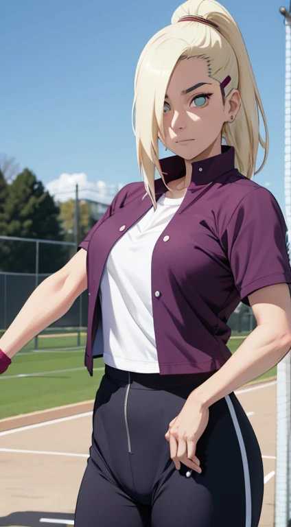 Ino Yamanaka, 32 year old adult, physical education teacher, wearing physical education clothes, sunny day, standing warming up; in close-up,with a good number