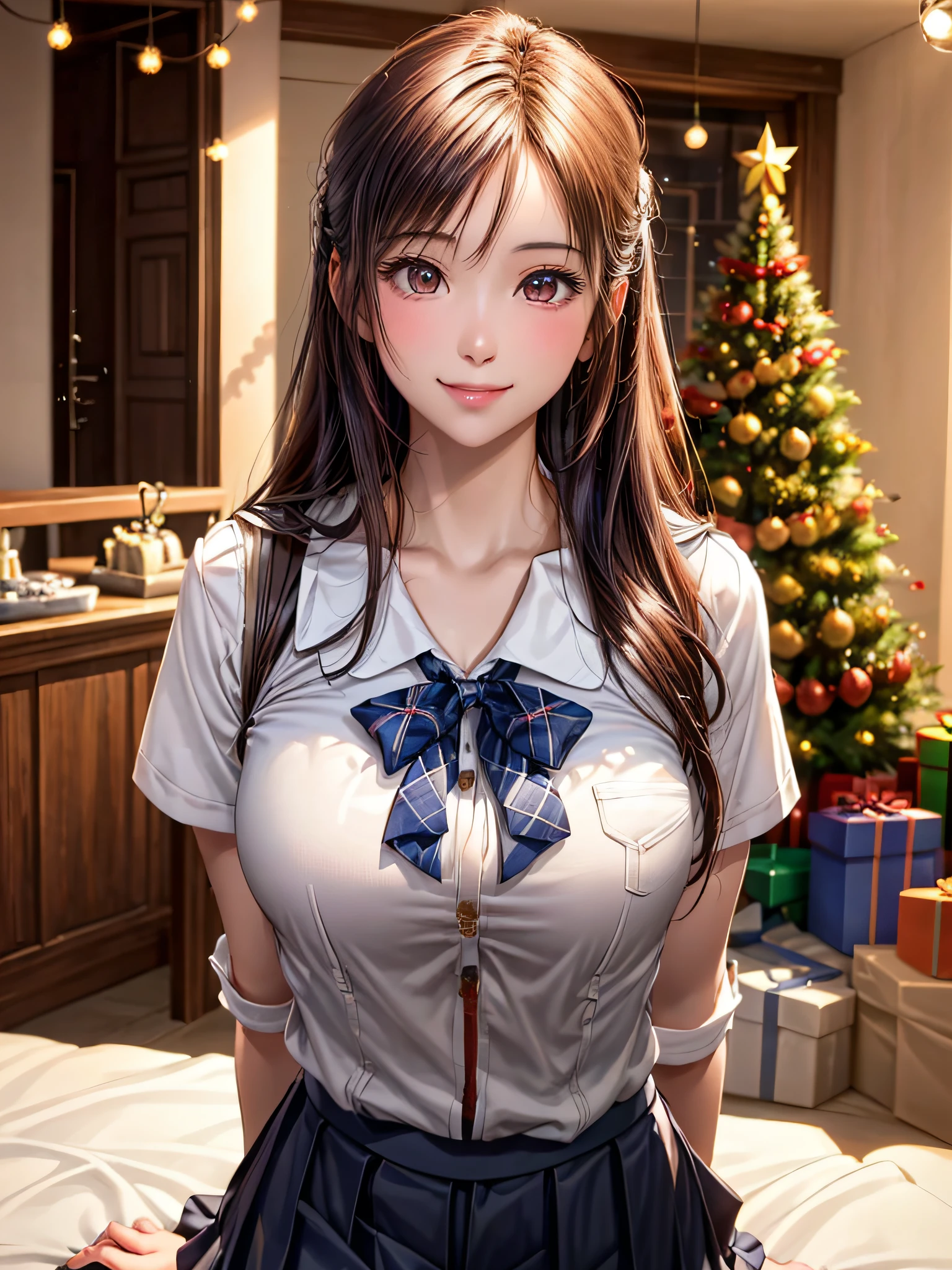 (2girls:1.4), Extremely cute, amazing face and eyes beautiful nice smile), (extremely detailed beautiful face), bright and shiny lips, (School uniform, Pleated skirt:1.3), (Best Quality:1.4), (hyper quality), (Ultra-detailed), (Hyper-realistic, Photorealsitic:1.37), Authentic skin texture, intricate-detail, extremely detailed CG unified 8k wallpaper, RAW Photos, professional photograpy, Cinematic lighting, Exposing, Christmas tree, Christmas Ornaments, Christmas Decorations, Christmas Lights, Christmas Lights,