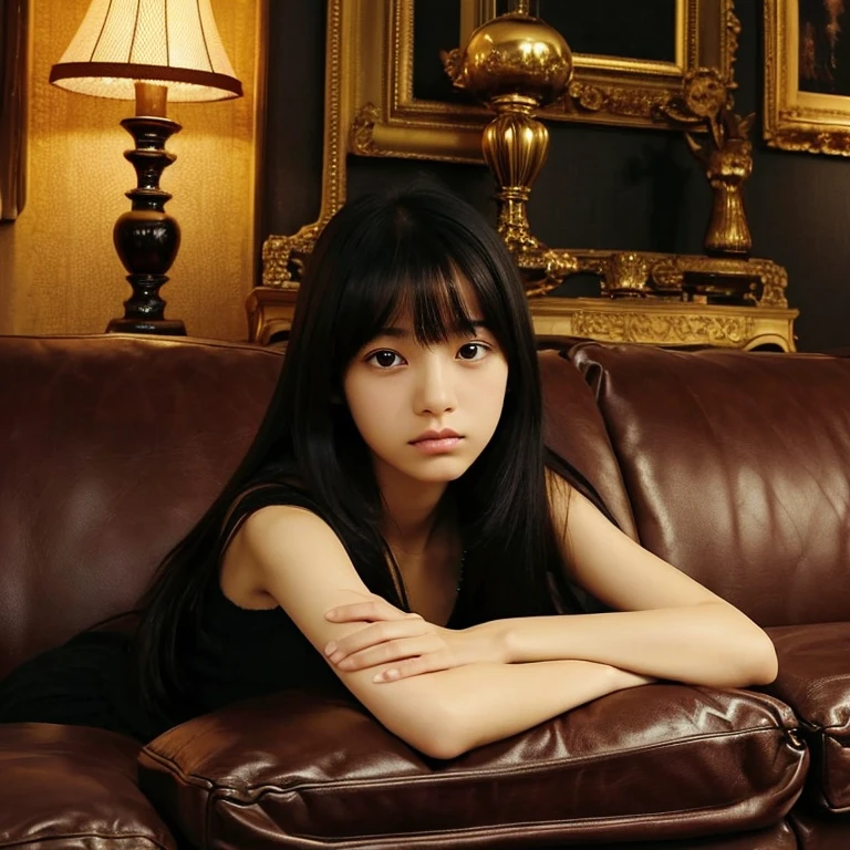 An ultra-high picture quality、Perfect Photo、sofa in front of a wonderful painting、Luxurious picture frame、Dark room、lighting stand、Beautiful 14 year old Japanese girl sitting on a luxurious sofa、Nokezoru、serious facial expression、frontage、put your hand on the edge of the sofa、With bangs、Long Black Hair、