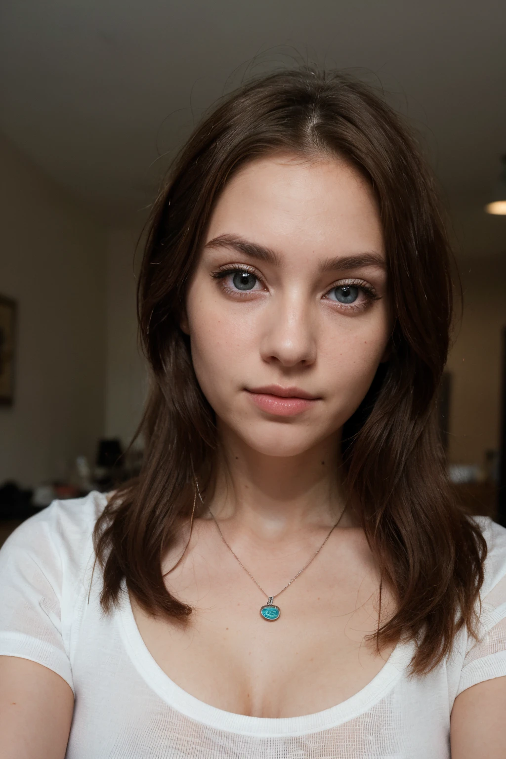 (Please generate an image of a young woman wearing a t shirt and a necklace. She has brown hair, big, blue eyes, and a subtle, natural makeup look. The selfie should show her without visible makeup, and she should be looking directly into the camera. The face should appear realistically natural. The full-body shot of this attractive woman should feature a striking pose, and she has piercing blue eyes. The girl has a sweet demeanor, and the pose should also be sweet. Please ensure that the entire body of the woman  visible in the image. The background should be clear and uncluttered. The details of the image should be of high quality(best quality)), ((masterpiece)), (detailed), perfect face