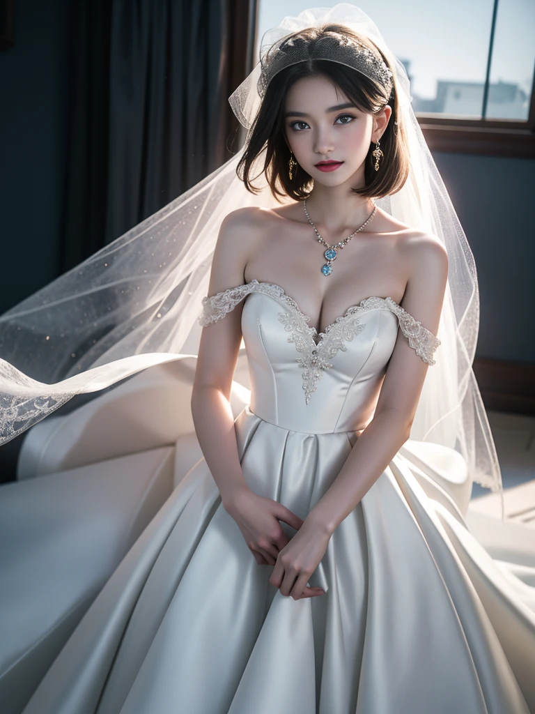 tmasterpiece,Highest image quality,super detailing,Best quality at best ,Extremely Delicately Beautiful, Very meticulous,Best quality at best, offcial art, extremely detaild的 CG unified 8k wallpapers, Best quality at best, 超高分辨率, blonde with blue eyes,(actual:1.4), depth of fields, Nice face, (pure love face_v1:0.8), Half a body, 1 girl, the shy, Excited, bigger, bonnet, University teacher'tas, Vacuum Dresrunette: 1.3), Short hair details, Enchanted smile, natural makeup, model poses, (white wedding gown: 1.3), Complex design, Roof background, As estrelas_\(sky sky), rays of moonlight, natta, Intricate clothing design, rays of moonlight, Dream Catcher Necklace, delicate skin, fully body photo, The sky dim, Dreamcatcher earrings,summer night lovers, looking at viewert,No shoulder strap,