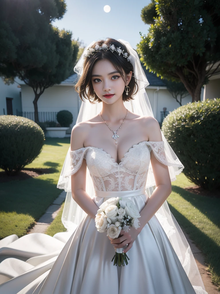tmasterpiece,Highest image quality,super detailing,Best quality at best ,Extremely Delicately Beautiful, Very meticulous,Best quality at best, offcial art, extremely detaild的 CG unified 8k wallpapers, Best quality at best, 超高分辨率, blonde with blue eyes,(actual:1.4), depth of fields, Nice face, (pure love face_v1:0.8), Half a body, 1 girl, the shy, Excited, bigger, bonnet, University teacher'tas, Vacuum Dresrunette: 1.3), Short hair details, Enchanted smile, natural makeup, model poses, (white wedding gown: 1.3), Complex design, Roof background, As estrelas_\(sky sky), rays of moonlight, natta, Intricate clothing design, rays of moonlight, Dream Catcher Necklace, delicate skin, fully body photo, The sky dim, Dreamcatcher earrings,summer night lovers, looking at viewert,No shoulder strap,