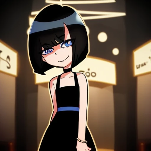 Short hair, black hair, bob cut, blue eyes, bare shoulders, bare arms, strapless, black chocker, little black dress, skin-tight dress, standing, smiling, nightclub, disco lighting.