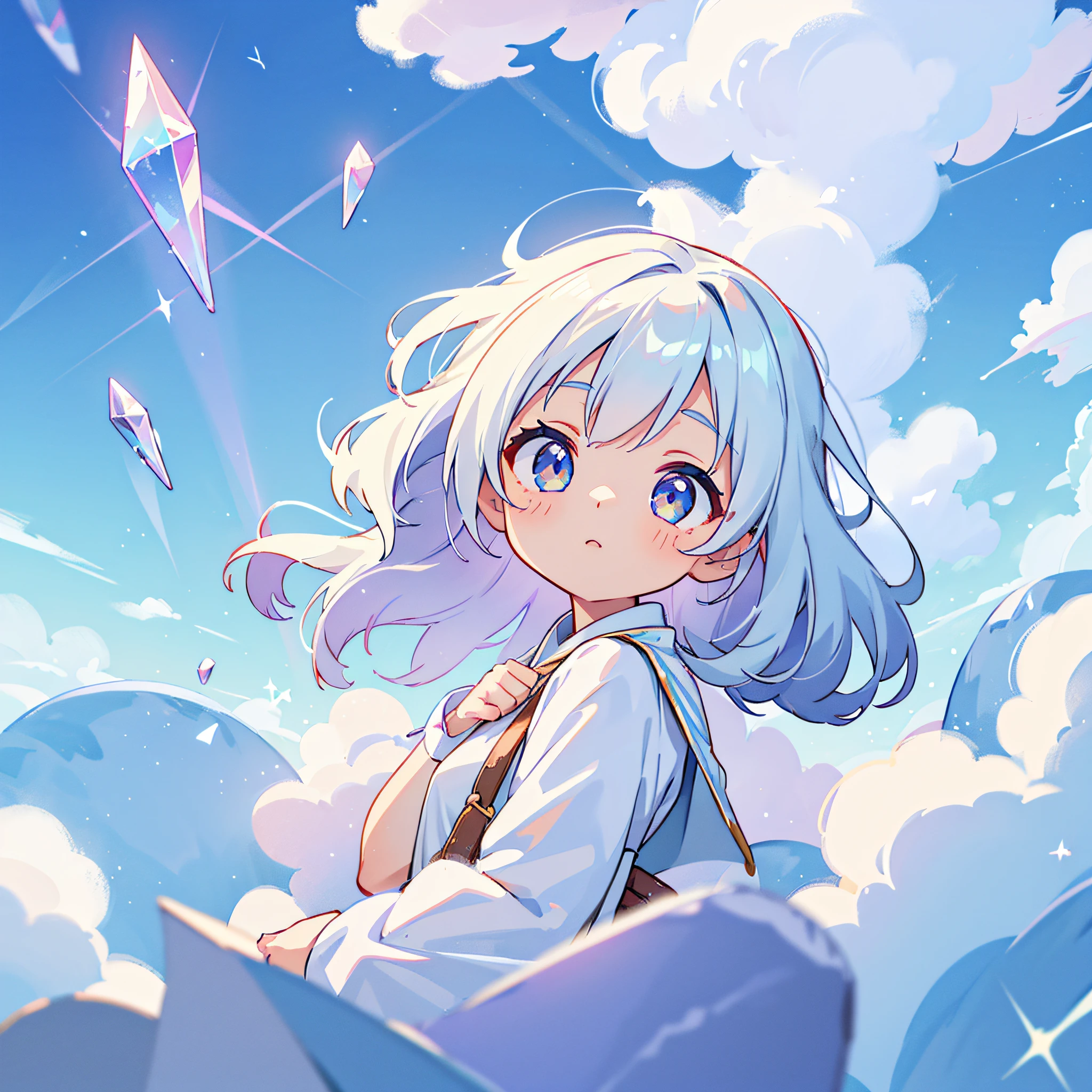 wallpaper,dynamic angle,dynamic lighting,((interesting detailed background)),(light reflections),depth of field, cinematic lighting, sparkle, glowing light, god rays, 8k,1girl,kawaii,white hair,flowy hair,white glowing crystal eyes,silky white clothes, on a cloud,cloud world,a world full of clouds,glowing white crystals,magical world,cloud kingdom