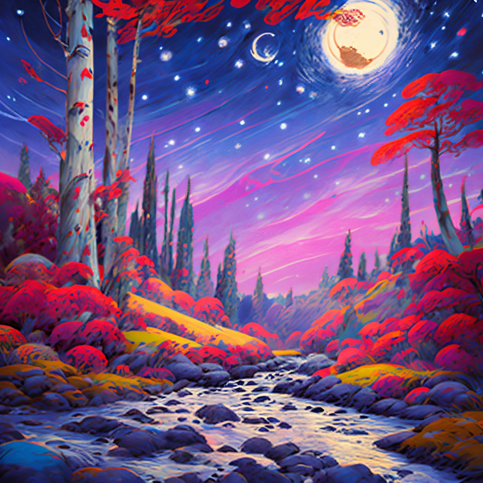 Starry night sky with a river with the sky with aurora borealis, arte conceitual inspirada na noite estrelada, magical landscape, Painting of a dreamlike landscape, blurry and dreamy illustration, noite calma. digital illustation, dreamy illustration, Night moonlight starry sky environment, dreamy illustration, arte sonhadora, Noite de Sonho, dreamlike digital painting, paisagem em tons de roxo