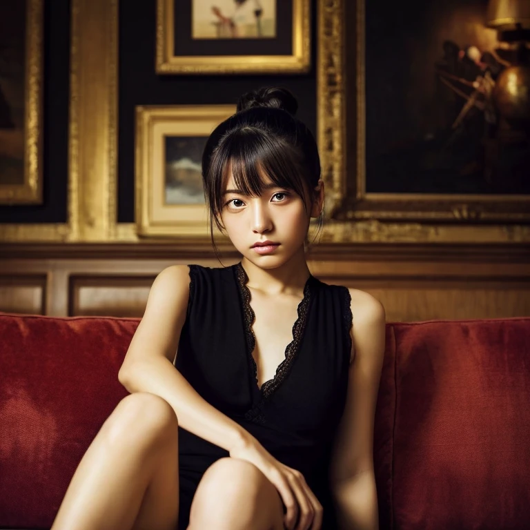An ultra-high picture quality、Perfect Photo、sofa in front of a wonderful painting、Luxurious picture frame、Dark room、lighting stand、Beautiful 14 year old Japanese girl sitting on a luxurious sofa、Nokezoru、serious facial expression、frontage、put your hand on the edge of the sofa、With bangs、Bun hair、