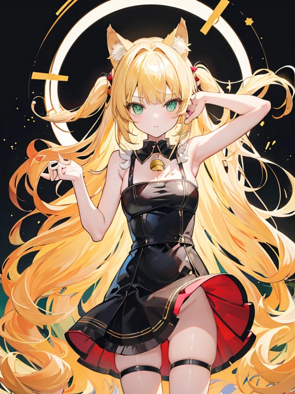 A girl, long blonde hair, blonde Neko cat ears, light green eyes, wearing a black collar with a bell, wearing a latex dress, red pumps, with a blonde cat tail,  high resolution, looks forward, stands upright