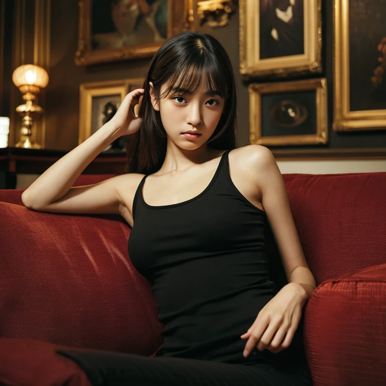An ultra-high picture quality、Perfect Photo、sofa in front of a wonderful painting、Luxurious picture frame、Dark room、lighting stand、Beautiful  Japanese girl sitting on a luxurious sofa、Nokezoru、serious facial expression、frontage、put your hand on the edge of the sofa、With bang hair、hairarmpits、