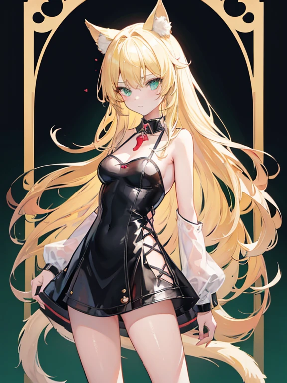 A Shemale girl, long blonde hair, blonde Neko cat ears, light green eyes, wearing a black collar with a bell, wearing a latex dress, red pumps, with a blonde cat tail, high resolution, looks forward, stands upright