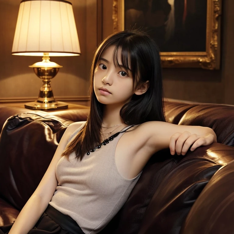 An ultra-high picture quality、Perfect Photo、sofa in front of a wonderful painting、Luxurious picture frame、Dark room、lighting stand、Beautiful 14 year old Japanese girl sitting on a luxurious sofa、Nokezoru、serious facial expression、frontage、place both hands on the edge of the sofa、With bang hair、hairarmpits、