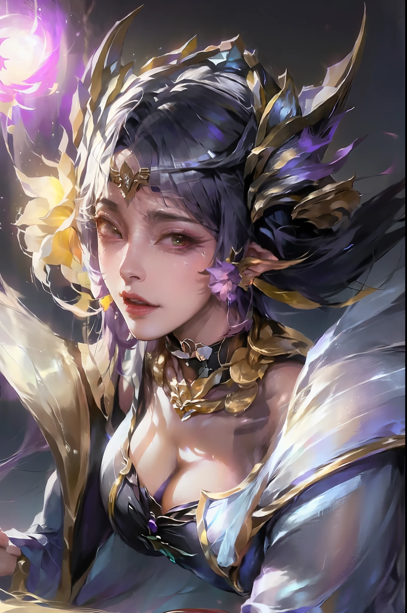 a close up of a woman with a purple and black costume, shadowbringers cinematic, 4 k detail fantasy, a beautiful fantasy empress, game cg, xianxia fantasy, xianxia hero, 2. 5 d cgi anime fantasy artwork, cinematic goddess close shot, ruan jia and artgerm, wow 4 k detail fantasy, hyperdetailed fantasy character