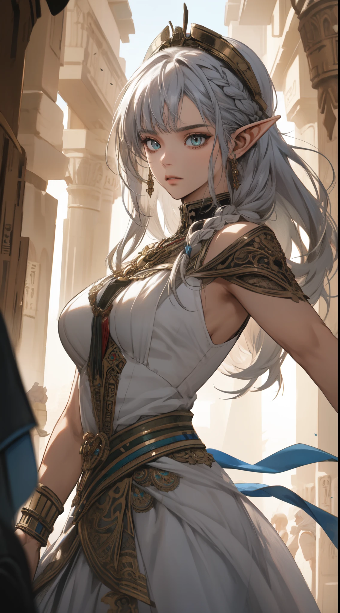 ((Best quality, 8k, Masterpiece :1.3)), young elf woman,  Bangs, sidelock, Braid, silver hair, bright eyes, egypt concept, Egyptian clothing, big breast, Ornate bracelet, with an egyptian embroidered, white dress, sweet expression,perfect face, detailed eyes, arches, middle east egyptian town, dynamic composition, craig mullins, (dynamic angle), (depth of field:1.2), intricate insanely detailed,sharp focus,aestheticism,art by Artgerm, by wadim kashin, by Kawacy, by Yusuke Murata