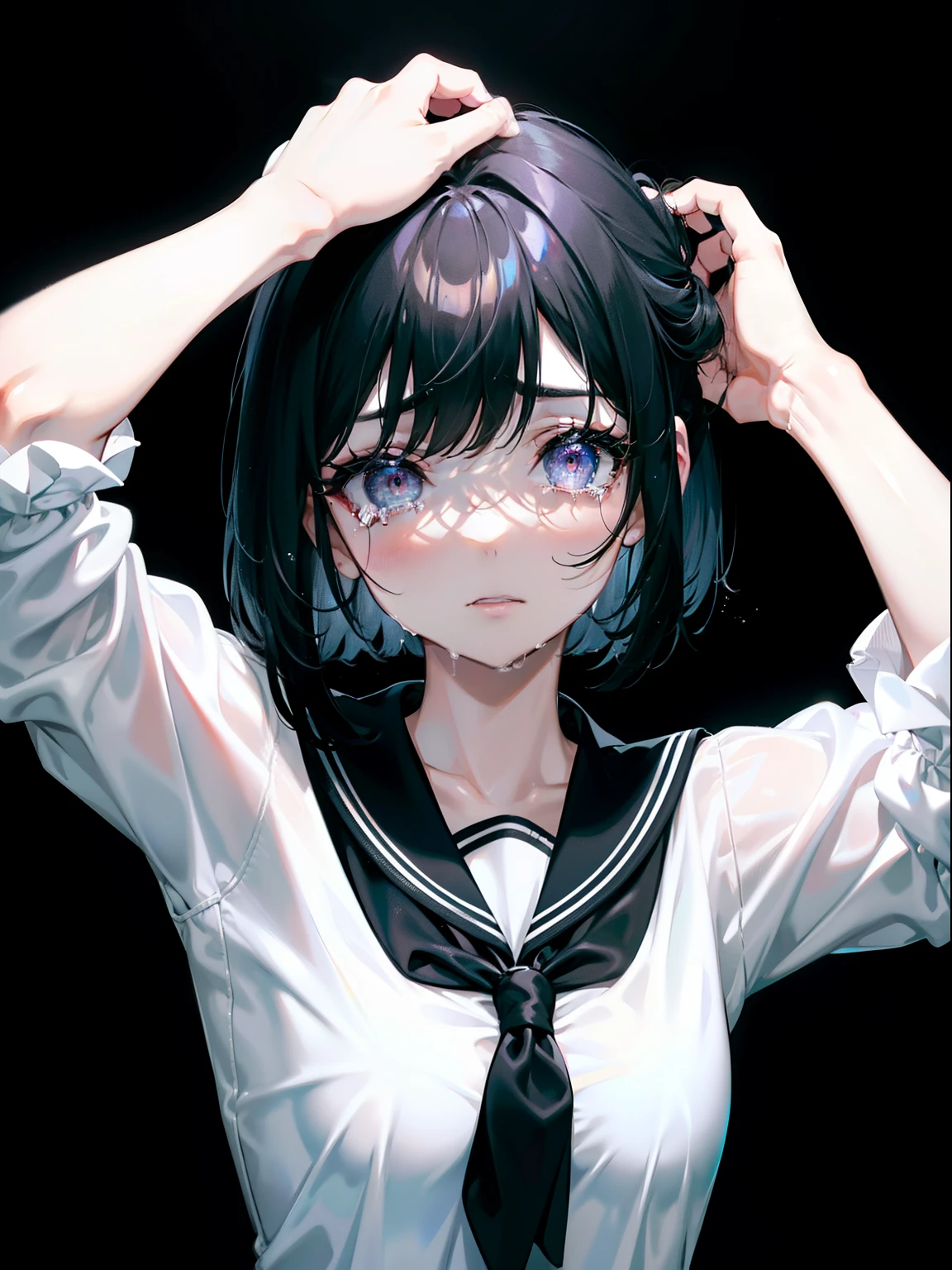 (Obra maestra, La mejor calidad, ultrahigh resolution), 1girl, school uniform, black hair, bob cut, pale skin, hazel eyes, glowing_eyes, neon eyes, ultra detailed eyes, beautiful and detailed face, detailed eyes, ((centered)), (tears), ((wide shot)), facing viewer, eye level, ( background, black background), ((hands, hands pulling out hair)), flat chested, looking at viewer, half closed eyes , perfect hands