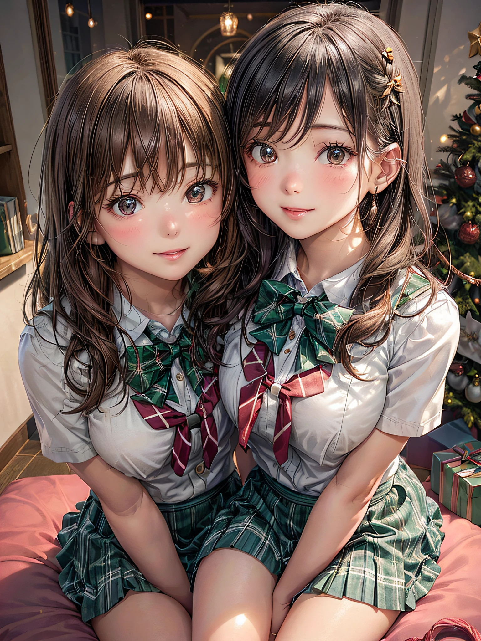 (2girls:1.4), Extremely cute, amazing face and eyes beautiful nice smile), (extremely detailed beautiful face), bright and shiny lips, (School uniform, Pleated skirt:1.3), (Best Quality:1.4), (hyper quality), (Ultra-detailed), (Hyper-realistic, Photorealsitic:1.37), Authentic skin texture, intricate-detail, extremely detailed CG unified 8k wallpaper, RAW Photos, professional photograpy, Cinematic lighting, Exposing, Christmas tree, Christmas Ornaments, Christmas Decorations, Christmas Lights, Christmas Lights,