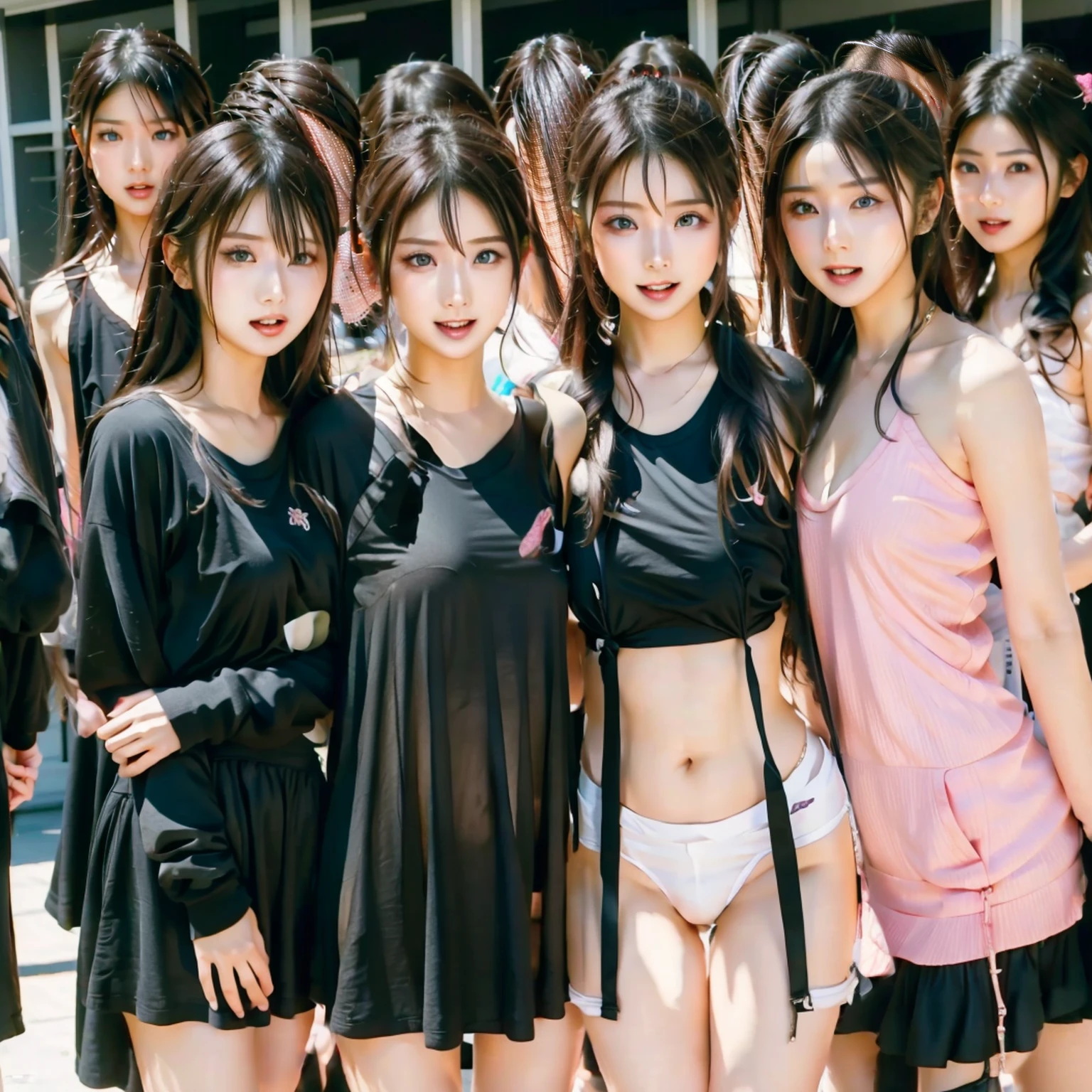 Raw photo、(((multiple girls))),((((6+girls)))),((((100girls)))),(((1000girls)))、((((100 Girls))))、(((crowd shot)))、Women only、The same face、matching school uniform、、Long black hair、100 cute girls going to school、a smile、Commuting to school、School route、In the street、selfee、same person、(((Large group)))、a junior high school student