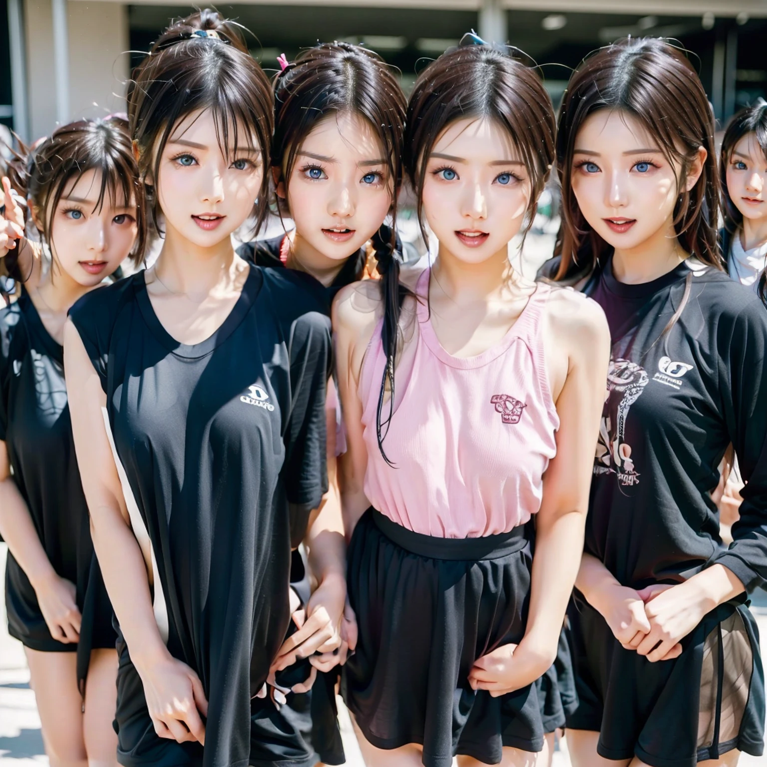 Raw photo、(((multiple girls))),((((6+girls)))),((((100girls)))),(((1000girls)))、((((100 Girls))))、(((crowd shot)))、Women only、The same face、matching school uniform、************、Long black hair、100 cute girls going to school、a smile、Commuting to school、School route、In the street、selfee、same person、(((Large group)))、a junior high school student