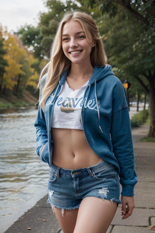 beautiful blonde girl laughing, blue, eyes, long hair, walking by the river, dark blue distressed jean shorts, outdoors, thick body weight, plain hoodie, hoodie with no logo, no print on hoodie