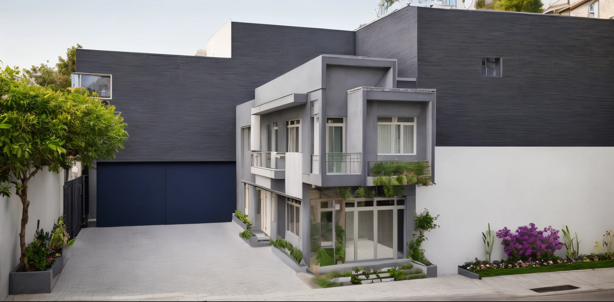 house exterior, modern style,DAY LIGHT, street in front of the house, balcony flower bed, navy blue wall, gray checkered wall, beautiful garden,  girl and dog, on the left there  a tailor shop, on the other must have a plum tree, keep the original image material color,