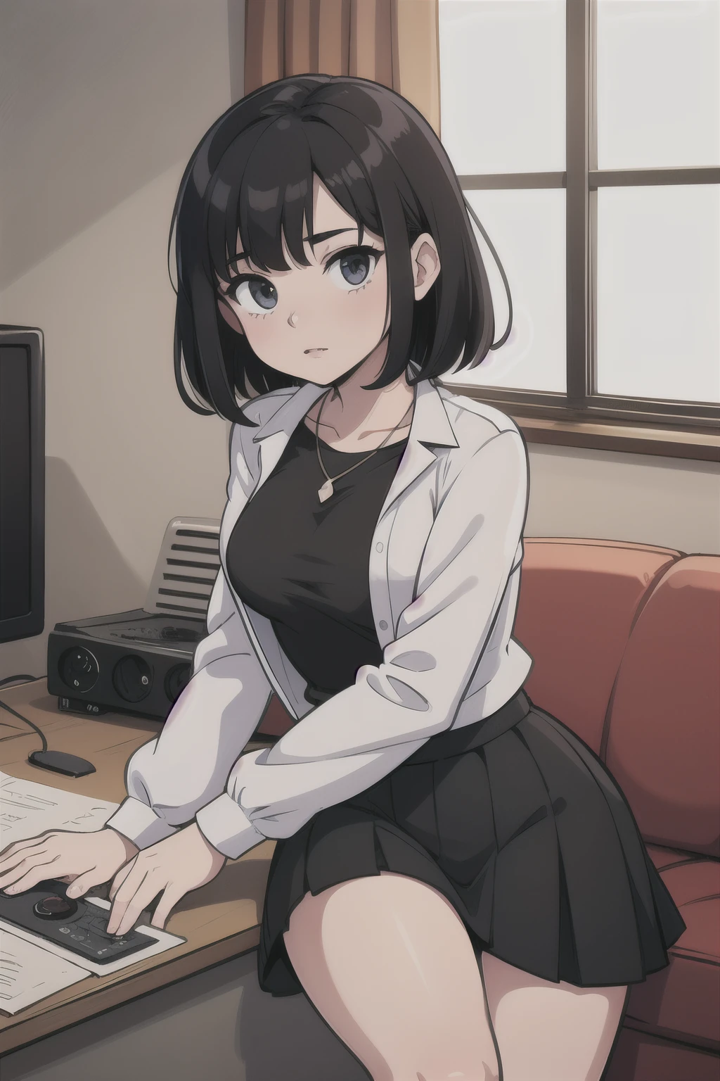 best Quality, Ultra High Resolution, 1 girl, solo, Teenager, Black dress, Short hair, Bob Hair, indoor, room, Radio receiver, White lace blouse, Black tight skirt, neckless, medium breasts, 2D illustration.