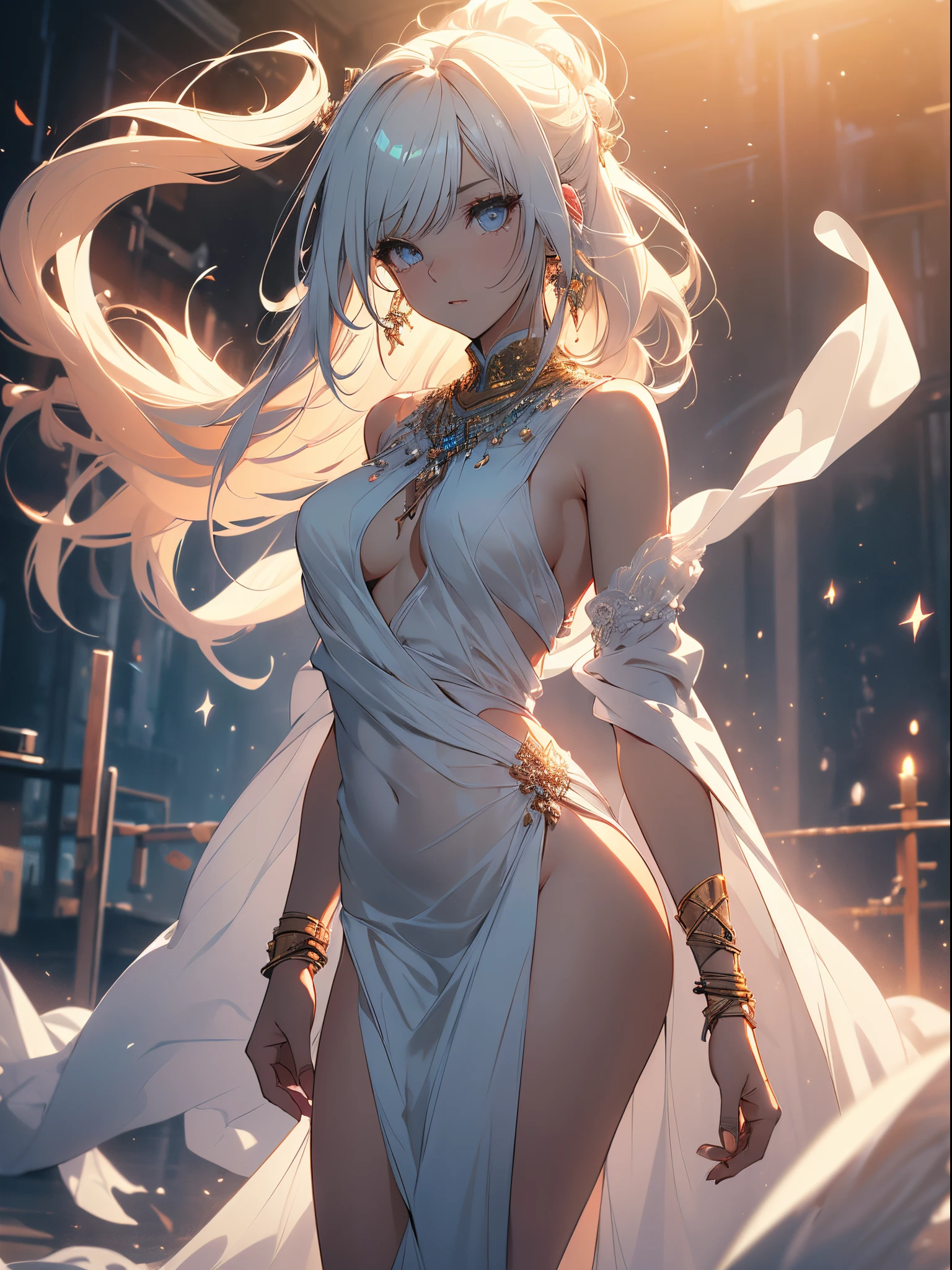 (((She is a spiritual being that is floating like an entity))), white hair, long moving hair, super clear beaded eyes, light white robes, bare feet, broken golden chains on the wrists, full body, thick legs, small breasts, big booty, {extremely detailed 16k CG unit wallpaper}, expansive landscape photography, (a low view with focus on character and setting), (wide view of open field), (angled shot low), (high light: 1.4), (low light: 1.2), (warm light source: 1.5), complex details, (iridescent colors: 1.2), (bright lighting), (atmospheric lighting), dreamy, unique,