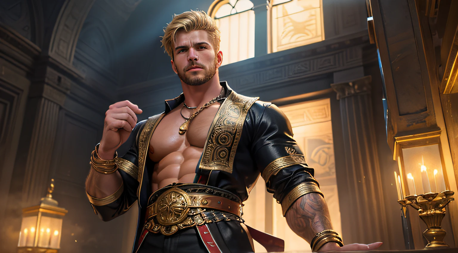 realistically, ((Best quality at best)), ((tmasterpiece)), 1 handsome guy, Installed, Chiseled, rich greek temple, male people, Blonde messy short hair, that handsome man，Detailed handsome face， 詳細な目, Muscular, Upper part of the body, gold chain belt, Pibusanga, arm ring, delicate skin, actual, Daeni pin types, [Daniel F. Gerhartz style::0.5], Ultra high-definition images, employment, 8K, realistically, epic lighting, Focus sharp, actual, Romantic,