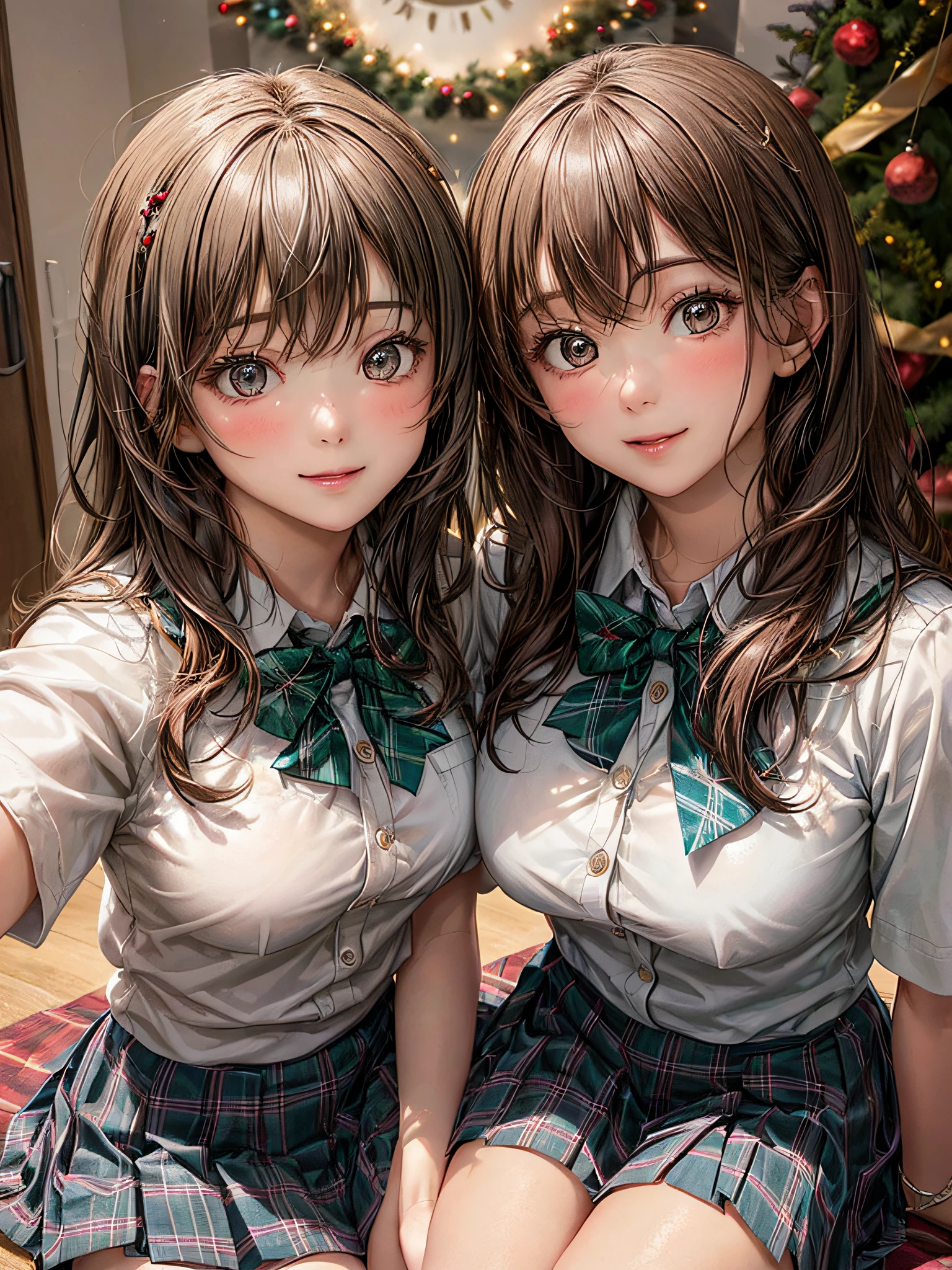 (2girls:1.4), Extremely cute, amazing face and eyes beautiful nice smile), (extremely detailed beautiful face), bright and shiny lips, (School uniform, Pleated skirt:1.3), (Best Quality:1.4), (hyper quality), (Ultra-detailed), (Hyper-realistic, Photorealsitic:1.37), Authentic skin texture, intricate-detail, extremely detailed CG unified 8k wallpaper, RAW Photos, professional photograpy, Cinematic lighting, Exposing, Christmas tree, Christmas Ornaments, Christmas Decorations, Christmas Lights, Christmas Lights,