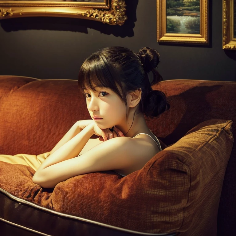 An ultra-high picture quality、Perfect Photo、sofa in front of a wonderful painting、Luxurious picture frame、Dark room、lighting stand、Beautiful  Japanese girl sitting on a luxurious sofa、Nokezoru、Bun hair、serious facial expression、frontage、place both hands on the edge of the sofa、With bangs、hairarmpits、