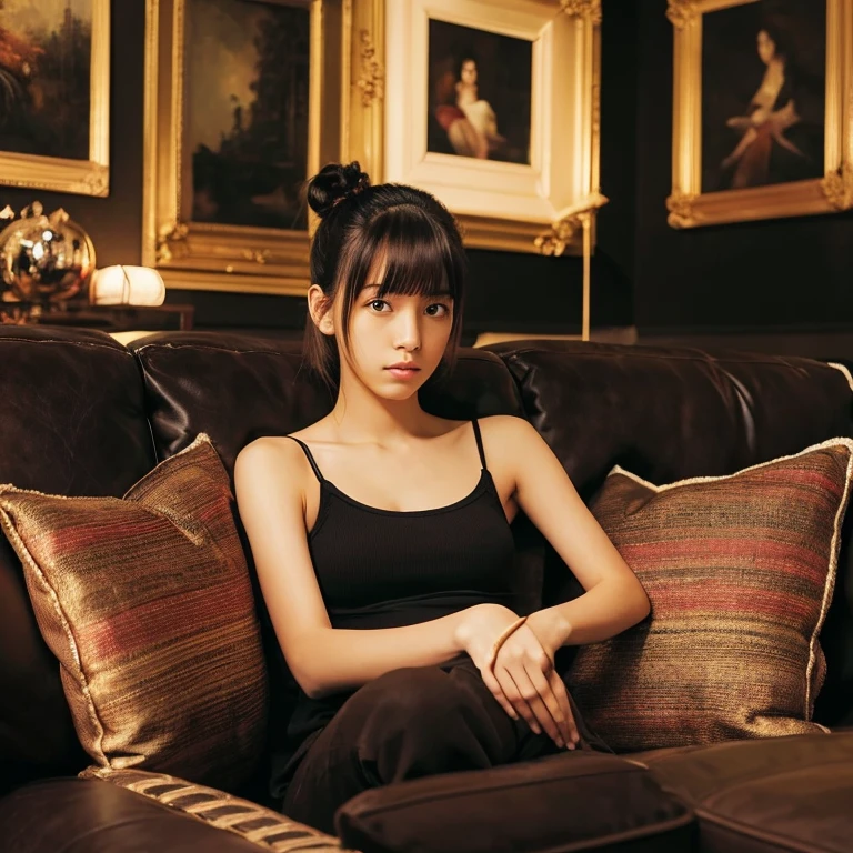 An ultra-high picture quality、Perfect Photo、sofa in front of a wonderful painting、Luxurious picture frame、Dark room、lighting stand、Beautiful Japanese girl sitting on a luxurious sofa、Nokezoru、Bun hair、serious facial expression、frontage、place both hands on the edge of the sofa、With bangs、hairarmpits、