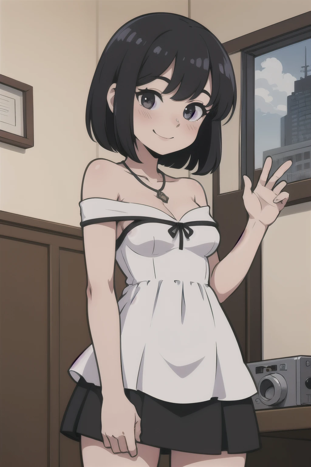 best Quality, Ultra High Resolution, 1 girl, solo, Teenager, Short hair, Bob Hair, indoor, room, Radio receiver, Bare Shoulders, little black dress, Black tight skirt, neckless, smiling, blushing, medium breasts, 2D illustration.