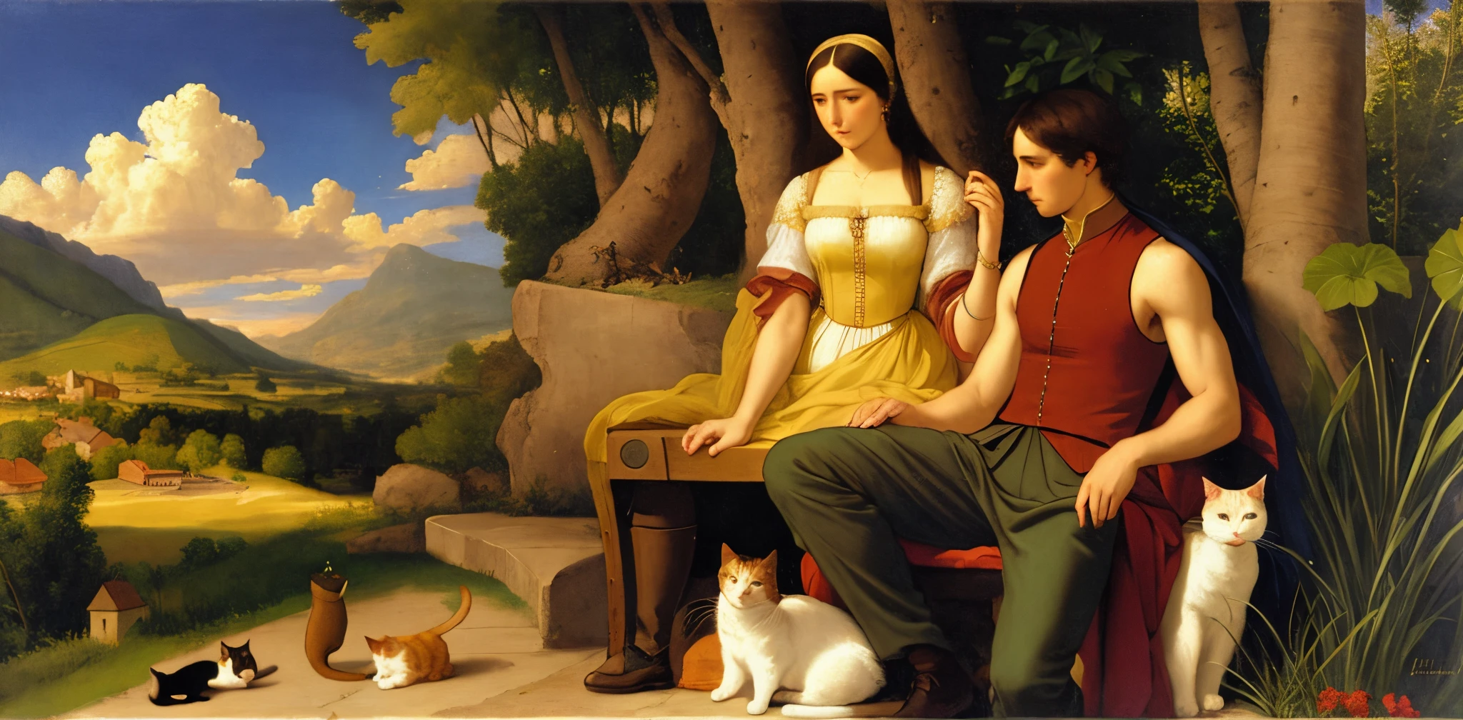 painting of a man and woman sitting on a bench with a cat, inspired by Francesco Hayez, inspired by Johann Friedrich Overbeck, in a renaissance style, renaissance digital painting, in renaissance style, renaissance painting”, inspired by Giorgione, by Francesco Hayez, neoclassical paintings, renaissance style painting, in a high renaissance style, renaissance oil painting, rennaissance painting