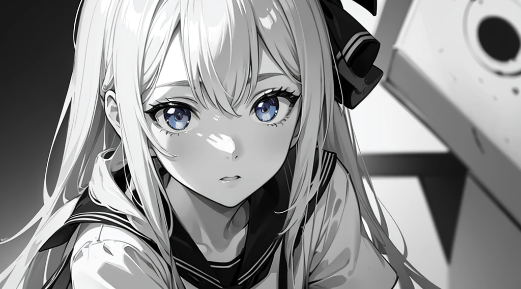 monochrome, 1girl, sailor suit, beautiful eyes, close up of eyes