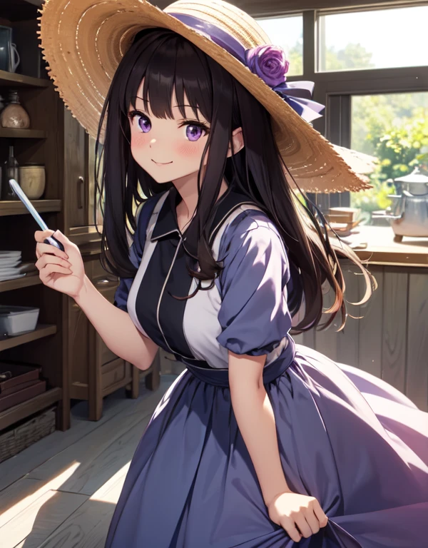 masutepiece, Best Quality, {Best Quality}, {{masutepiece}}, {hight resolution}, Illustration, 1girl in, Inoue Takina, Long hair, Bangs, Black hair, (Purple eyes:1.2), blush, a smile,Dress with integrated long skirt,large size straw hat,Looking at Viewer,