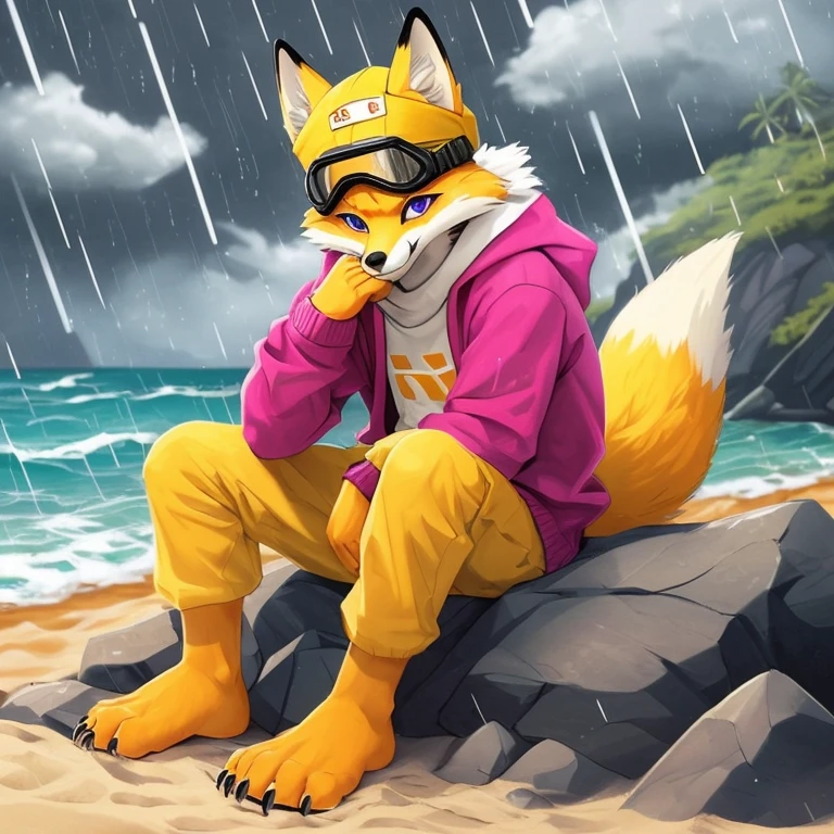 (A character), (fox with yellow fur and white chest), (under muzzle is white), (yellow fur), (white tail tip), (wearing a magenta sweater), (light blue scarf), (yellow jockey hat with orange visor), (orange visor), (magenta eyes), (slim and fit body), (apparently slim but strong appearance), (relaxed expression), (male), (medium height), (solitary), (white eyebrows), (4 toes on his paws), (5 toes on his hands), (magenta eyes), fluffy, (fluffy fur), (goggles), (black crystal goggles), (yellow paws), (background beach), (beach), (rocks in the sand), rocks, (his sweater covers his crotch), (yellow tail with white tips), (his paws and hands are yellow), (black paws), (claws), (golden fur), (golden yellow fur), (black pawpads), kerchief, (sitting), (cloudy), (cloudy day), (cloudy day at the beach), (rain), (rain at the beach), (rain at the beach), (yellow cap), (yellow cap with orange visor), young, (white eyebrows), (thick eyebrows), (claws on their toes), (claws on their fingers), (short claws), short, (medium height)