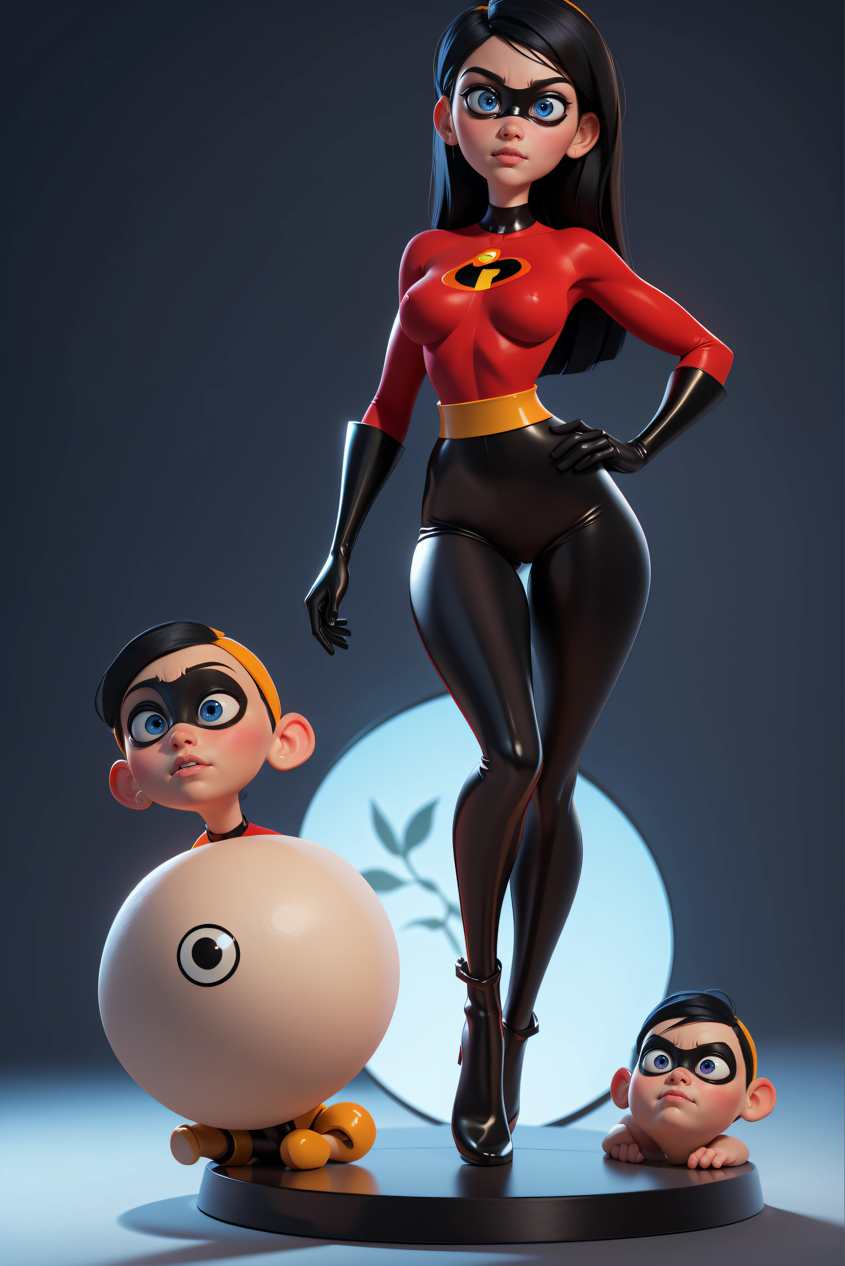 ripped skintight red clothes with the incredibles logo on, tall black shiny boots. black mask around eyes, long straight black hair, blue eyes, cleavage, sexy violet parr, masterpiece, high res, 32k (perfect anatomy:1.5), perfect legs, perfect arms, action scene, sexy pose, cute face, innocent face