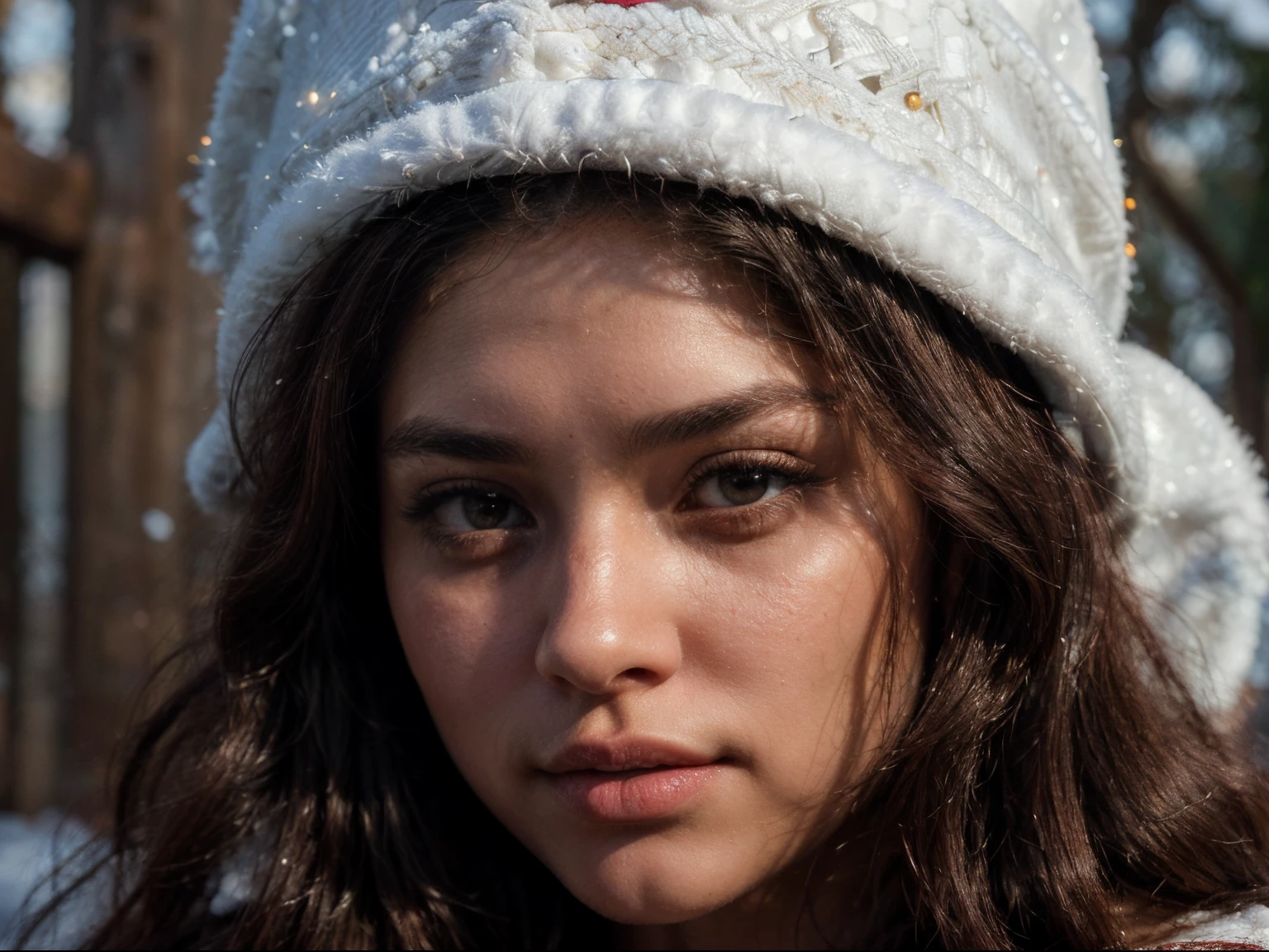 photo of beautiful (dark skin girl:1.2) exterior winter, in front of snowman, she's facing front to camera, wearing (white Cossack winter hat:1.4)skin smooth and radiant, film quality, woman (ultra-realistic , she's in soft snow lit accents, gorgeous rembrandt like lighting, French outdoor paintings of William-Adolphe Bouguereau,(Rembrandt patch), photo outside winter, snowman, aspen trees, (highest quality textured fabric), accent highlights(highest quality), Her luscious, natural dark hair cascades down, framing her face with an aura of allure. With striking eyes, adorned with long lashes, eyes, the color of rich deep colors, ancient seduction and passion. Finely detailed(Fine-grained), (highest detail skin texture peach-fuzz earlobe realistic) ○○ res – ○○ resolution ultra high res(A high resolution) , very high texture res(light resolution), Realistic – Realistic Photorealistic – (photorealistic beautiful eyes, pupil colors, 4k) , 8K,extreme detail, close and intimate, she looks direct to viewer, captivating eyes looking at us,Her perfectly sculpted lips, highly real lipglass,painted a bold shade of crimson. she Ingres, Vermeer, work of art, indulge in the exploration of desire.solo woman, (highest quality skin), long hair, every detail,Fine facial features, micro-details of skin and hair Masterpiece – Masterpiece ○○ quality – ○○ quality best quality(Highest Quality) ,Leica film, best, solo female, High quality (hiquality) etc ○○ detailed – ○○ details ultra-fine detailed(micro details), Photorealistic, Extremely detailed(Extremely detailed) , Finely detailed(Fine-grained), (highest detail skin texture) ○○ res – ○○ resolution ultra high res(A high resolution) , very high texture res(light resolution), Realistic – Realistic Photorealistic – photorealistic beautiful – beautiful 4k , 8K, relaxed, close and intimate,