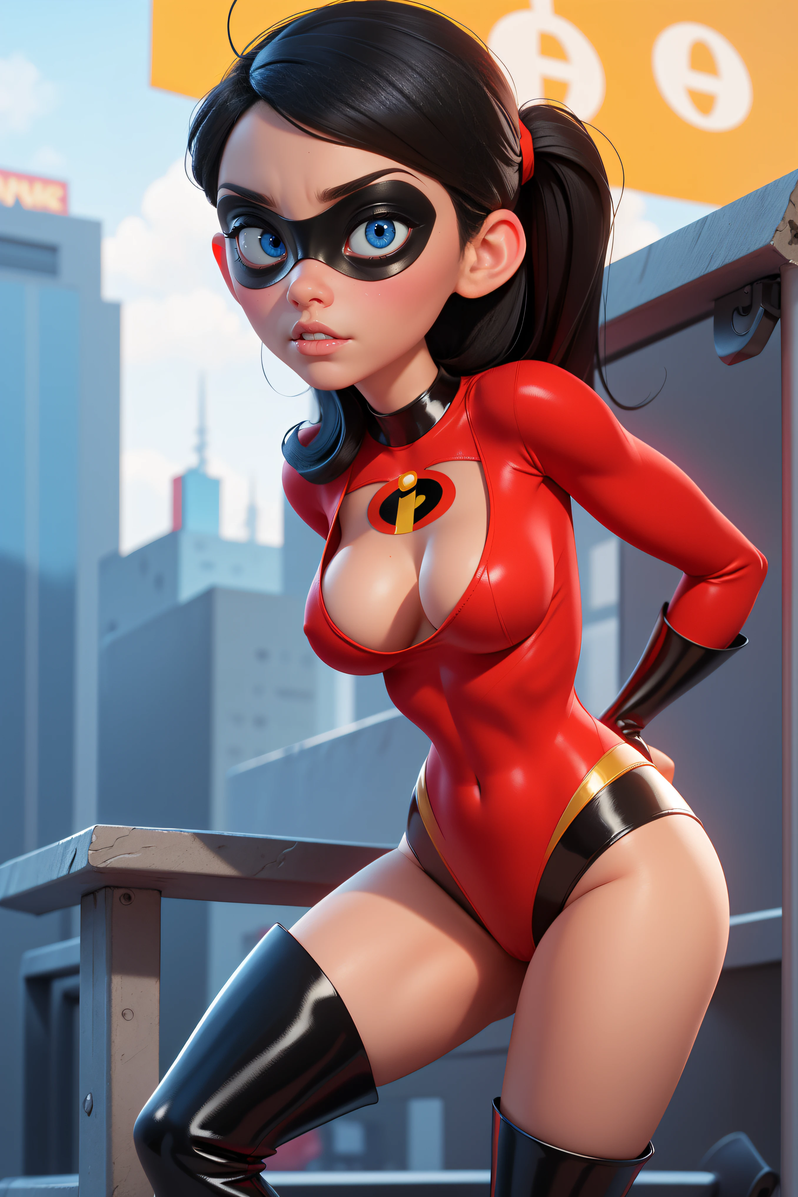 ripped skintight red clothes with the incredibles logo on, tall black shiny boots. black mask around eyes, long straight black hair, blue eyes, cleavage, sexy violet parr, masterpiece, high res, 32k (perfect anatomy:1.5), perfect legs, perfect arms, action scene, sexy pose, cute face, innocent face