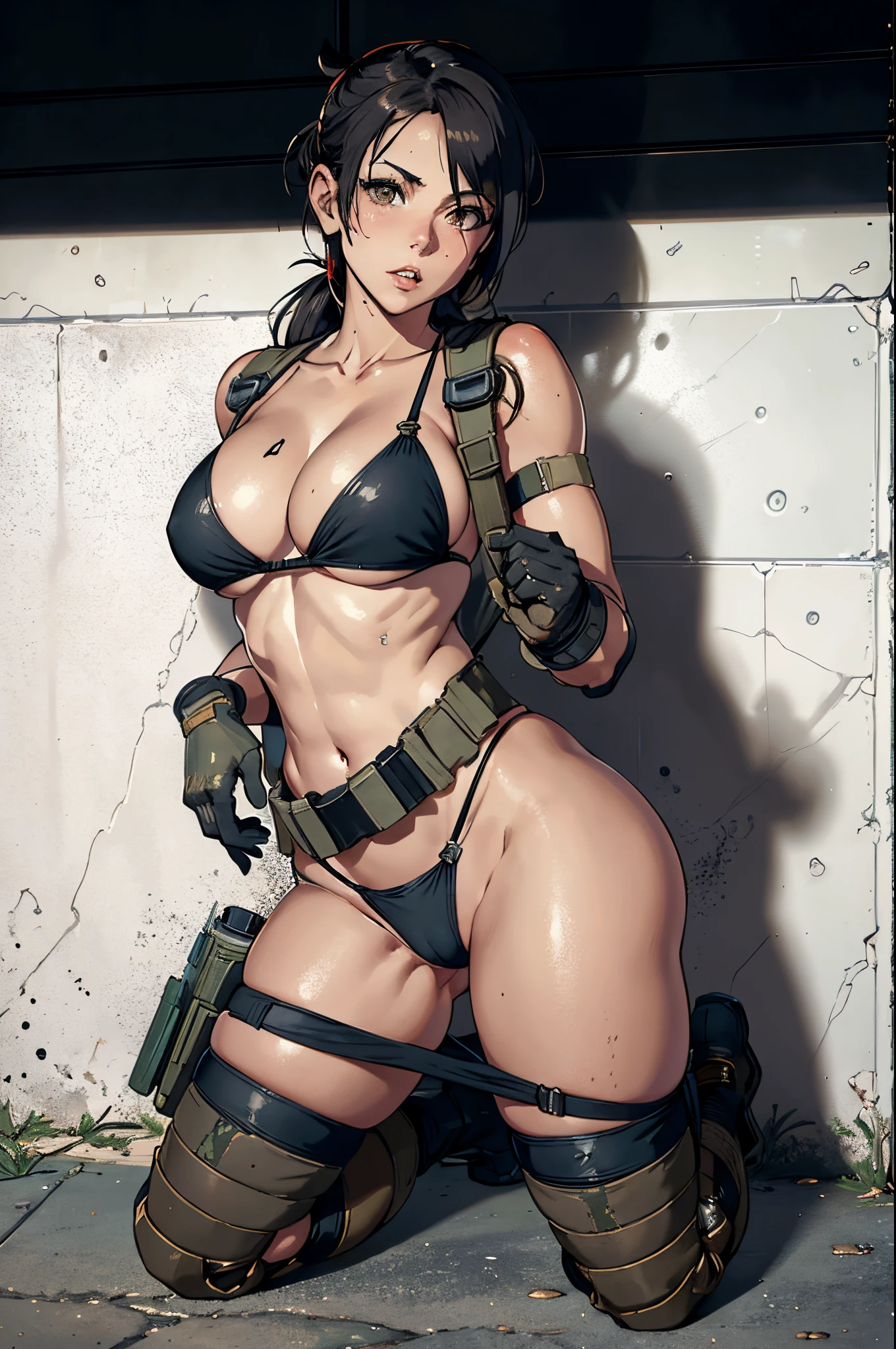 araffe in a bikini and a gas mask posing for a picture, quiet from metal gear solid, thicc, quiet from metal gear solid v, close up half body shot, bikini + tattered military gear, as overwatch character, thicc build, tifa lockhart, half body shot, ready for combat, tifa, deayami kojima