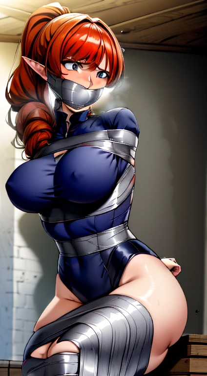 extremely detailed 8k wallpaper, Ultrarealistic, sharp focus, masterpiece, ultra-detailed, high resolution, smooth, video game cut scene, ung female elf warrior with a very detailed long hair, ((intricate hairstyle:1.3)), half up half down pony tail, (((ginger hair))), pale skin, wearing torn underwear, detailed face, detailed face, perfect skin, beautiful, Insanely detailed, close up, taped mouth, ((tape gag: 1.3)), wrap around tape gag, ((gagged)), arms bound behind back, elbows taped, wrists taped, desperate struggle, thrashing, legs open, legs spread, standing in the bedroom, frightened, pleading eyes, stalker, kidnapped, true crime, true crime, a man grabbing her chest from behind,  (1 man grabbing from behind:1.3), imminent penetration, cum in , (mature female:1.6), tense atmosphere, peril, impending, panicking, anime, (dynamic angle:1.1), masterpiece