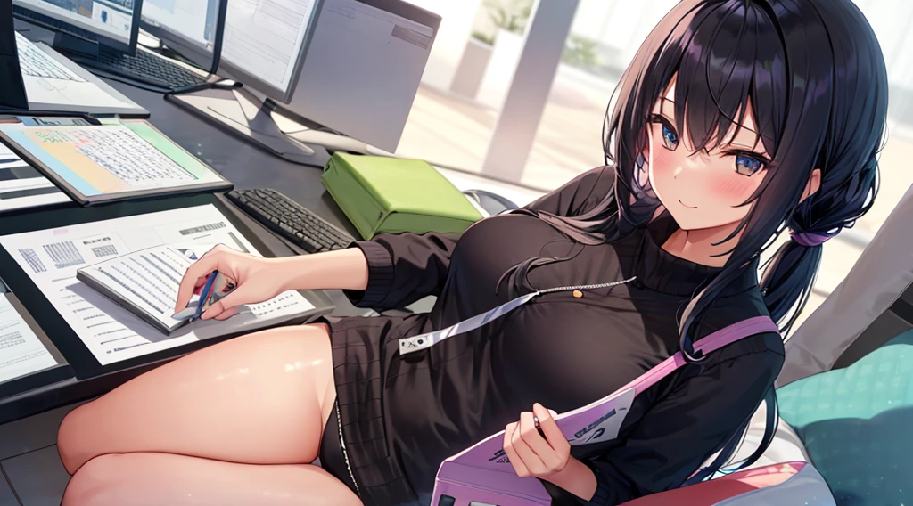 Beautiful bank clerk with black hair and side tails