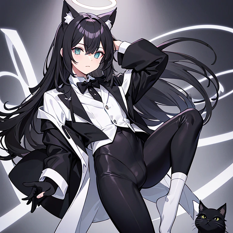Male with box head, black cat ears and black and white tuxedo with black and white leggings, with halo above head and a white cat tail