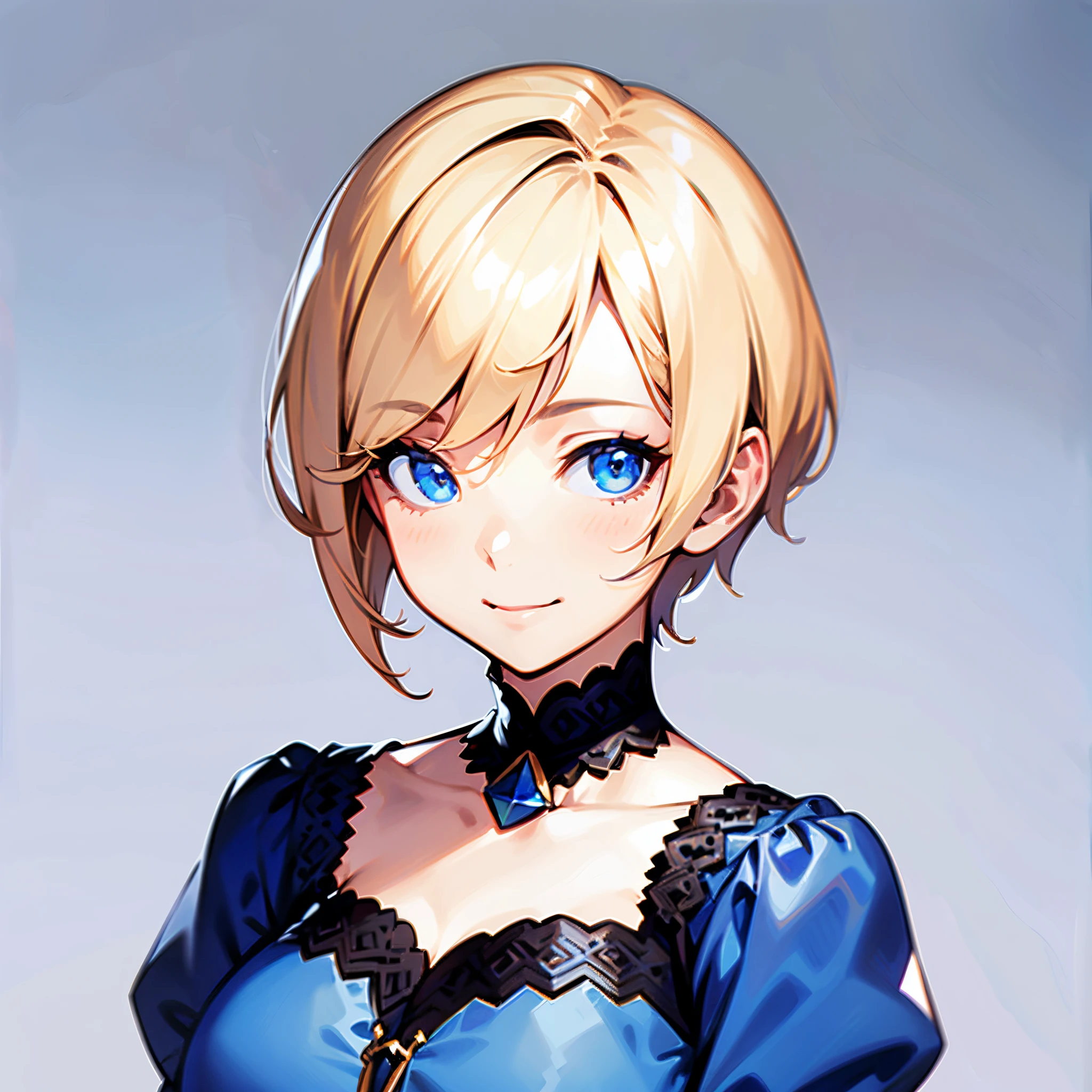 1woman, short blonde hair in a bun, parted bangs, blue eyes, medium breast, blue peasant dress, smile, solo, best quality, masterpiece, portrait, dark background, looking at the camera, from the front, detailed, perfect anatomy, detailed art, high definition, 4k, high resolution