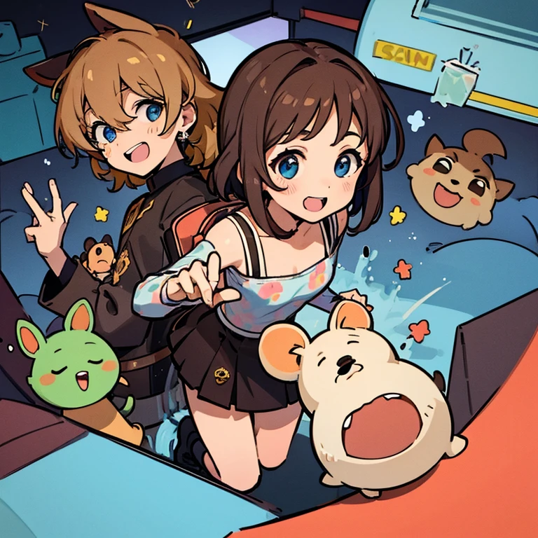 A drawing of a 13 year old brown hair blue eye girl playing Fnaf