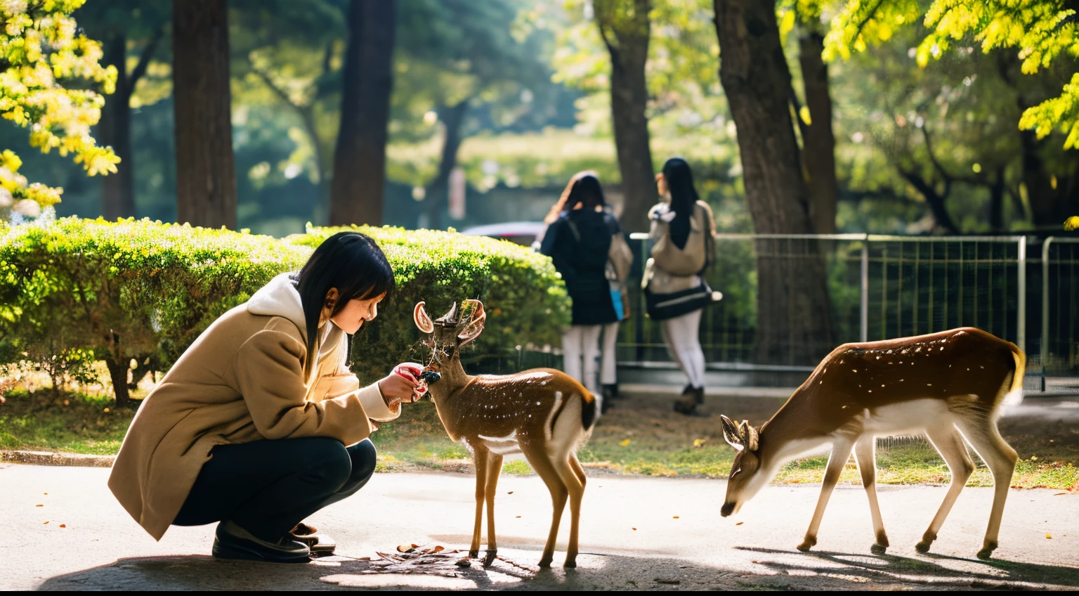Students feeding rice crackers to deer in Nara Park