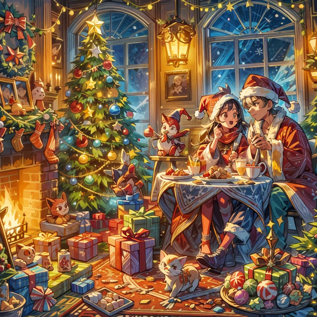 (((Vector illustration style)))，vivd colour，magical ambiance，whimsically，Sparkling，Fantasy Christmas world，In the room，A young couple enjoying Christmas dinner。The room  decorated with a tall Christmas tree，Covered with flashing lights，Decoration  colorful。There are gift boxes stacked next to it，Exquisite packaging reveals expectations and surprises。A warm fire burns in the fireplace，Various Christmas decorations are placed around，There  also a beautiful Christmas wreath hanging on the fireplace。Gingerbread cookies on the table、Cane sugar、Christmas delicacies such as candies。Kitten at feet lies on Christmas rug，wearing a red scarf，Seems to be enjoying this moment。The room  filled with a strong Christmas atmosphere，full of joy and，Intoxicating, (Ghibli-like colours, pov, first-person view, UHD, masterpiece, ccurate, anatomically correct, super detail, high details, high quality, award winning, best quality, 8k)