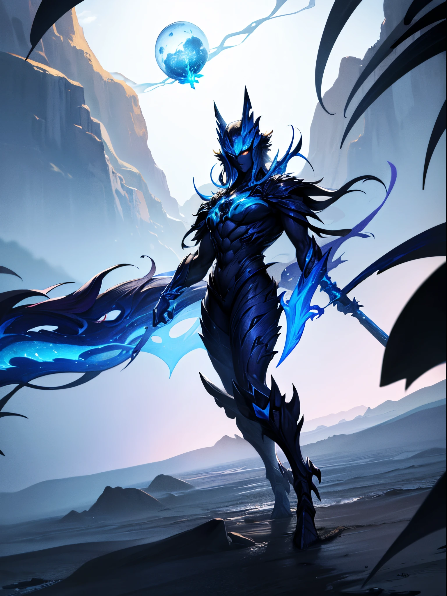 Crie um, best quality, High-resolution masterpiece depicting an umbral elemental with an inhumanoid figure infiltrating with perfect shadows of blue energy, sombreamento de alta qualidade, fotorrealista,