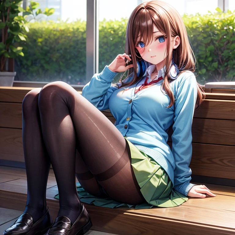 Brown-haired schoolgirl、Green skirt、light blue cardigan、Semi-long hair、Blue headphones、Black pantyhose、Brown loafers、red blush