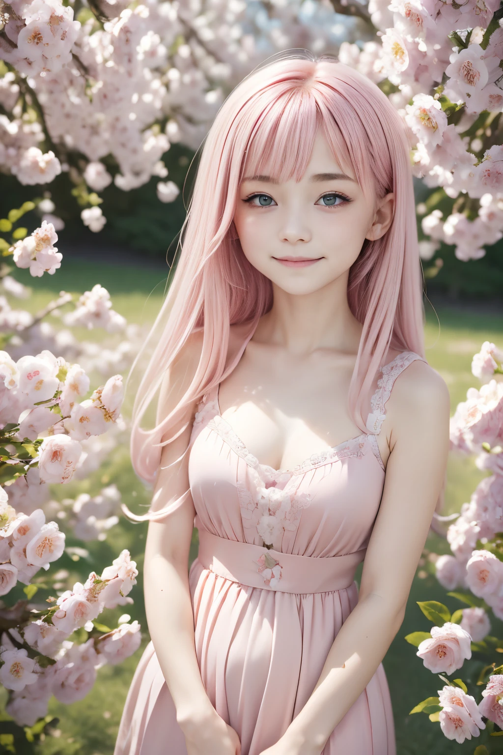 masutepiece, Best Quality, 8K, 18 year old savage, Absurde, award winning portrait, smil, smil, pure, French, Pink dress, spring, Petite, Orchard in full bloom, Helena