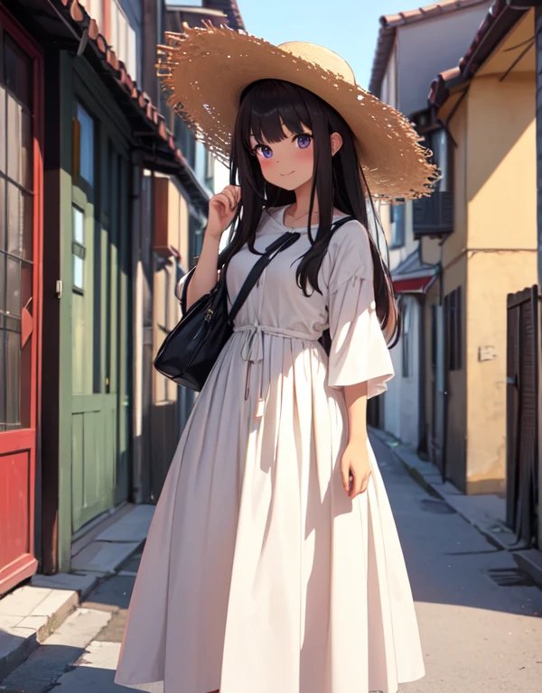 masutepiece, Best Quality, {Best Quality}, {{masutepiece}}, {hight resolution}, Illustration, 1girl in, Inoue Takina, Long hair, Bangs, Black hair, (Purple eyes:1.2), blush, A smile，long skirt integrated dress，large size straw hat，Looking at Viewer，sandal，In the street