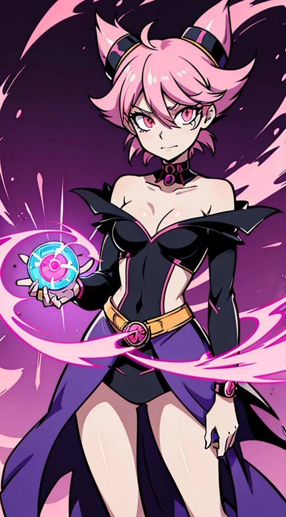 Jinx, TeenTitans, JinxTT, pink hair, pink eyes, long legs, light-grey skin, sorceress, magic, short hair, Spiky hair, playful, witch, magical
