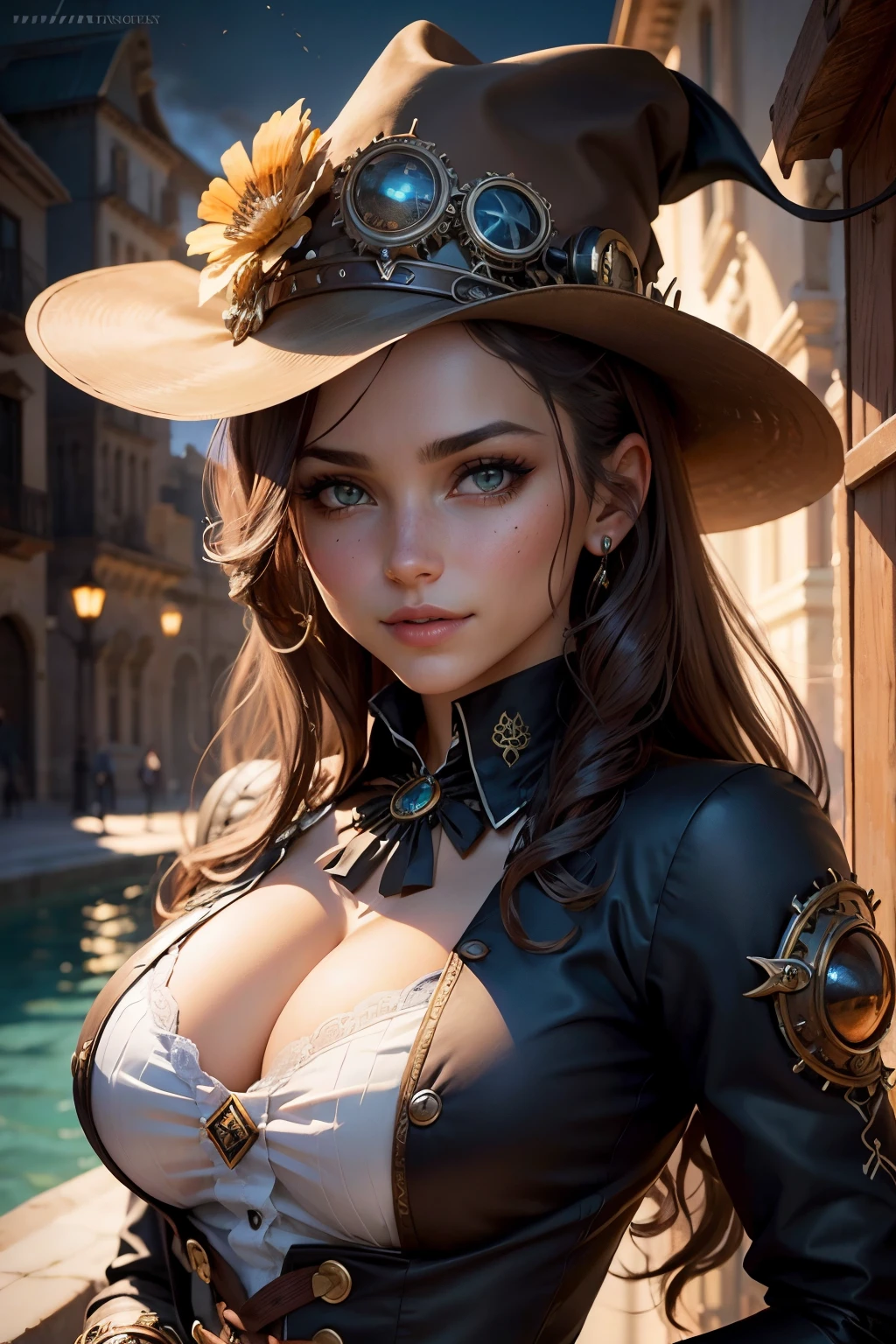 Hermoso rostro femenino, Llevar un traje de marinero steampunk, Beautiful demonic eyes, intrincado, escote, labios suaves, sonriente, travieso, mirada seductora, Pecas, senos laterales, bajo teta, tan